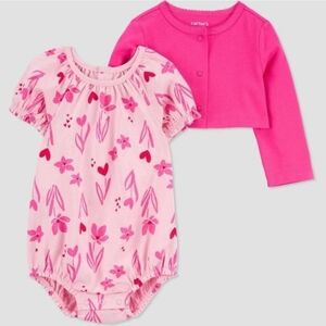 ✨️💕NWT Carters Onesie And Cardigan Pink Floral Hearts Romper